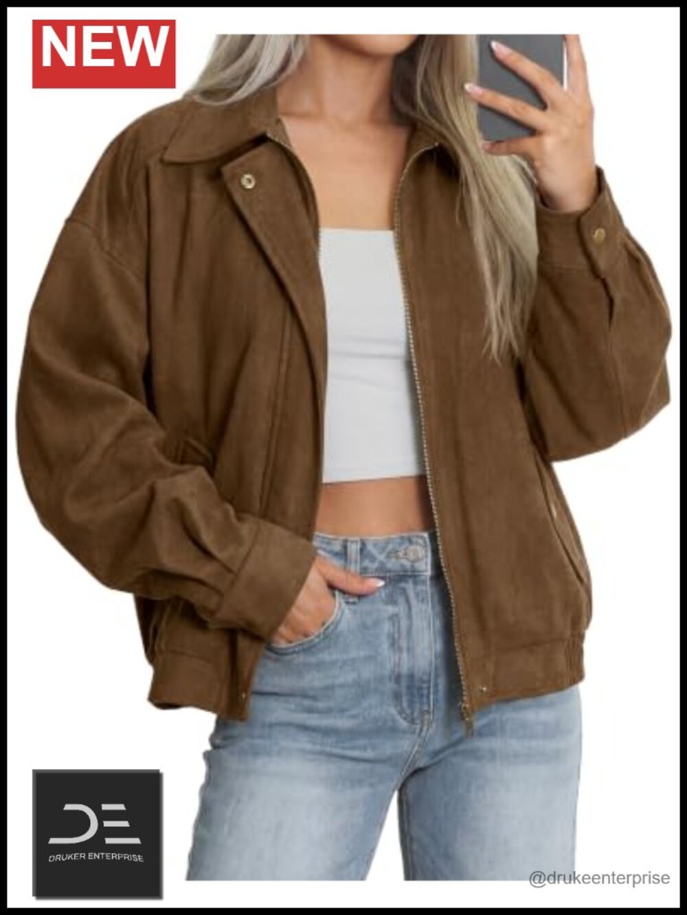 Faux Suede Oversized Bomber Jacket Long Sleeve Zip Up Coat